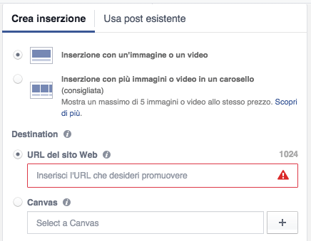 inserzione facebook canvas