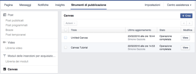 creazione facebook canvas