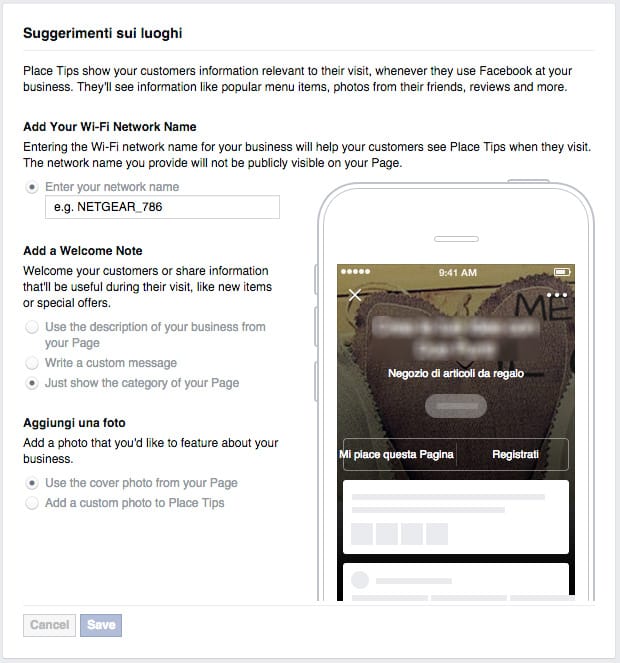 proximity marketing facebook impostazione