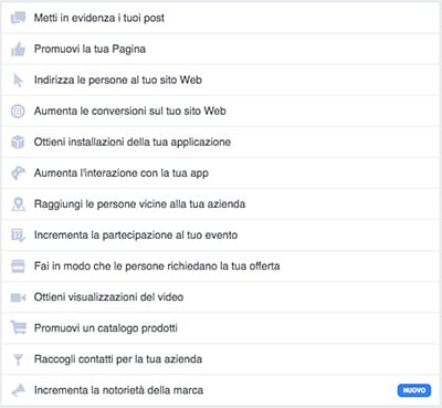 Obbiettivi campagna facebook ADS