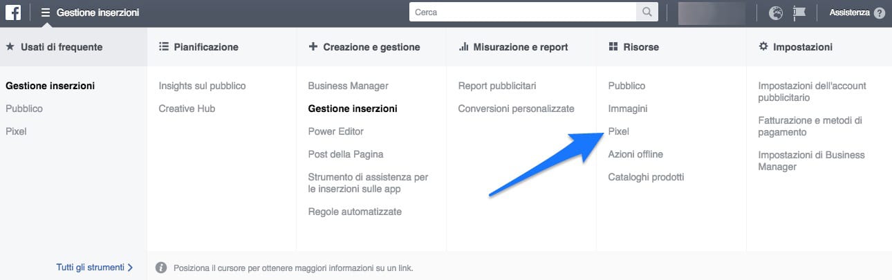 Dove posso trovare il pixel facebook