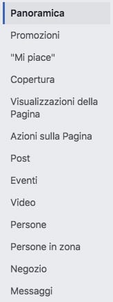 menù facebook insights